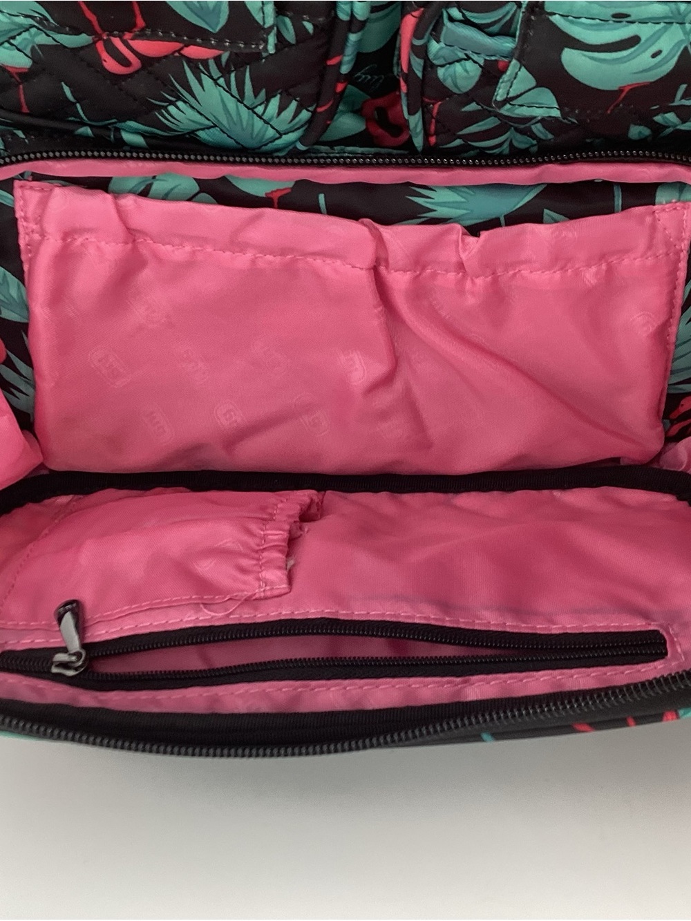 lug Mni Puddle Jumper in Flamingo Print Crossbody Bag or Tote Black/Teal/Pink - Picture 11 of 11